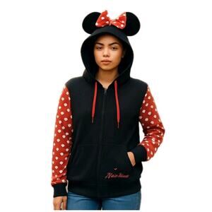Disney Parks Minnie Mouse Full Zip Hoodie Womens M Black Red Polka Dot Bow Ears